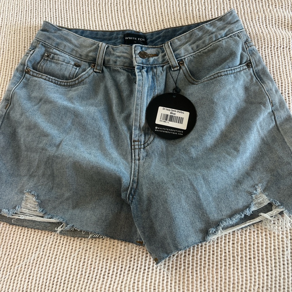 White Fox Boutique Blue Jean Shorts Distressed Hem